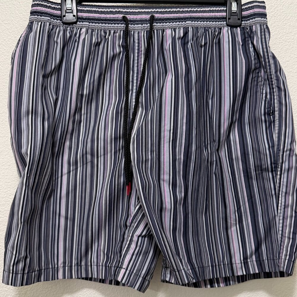 Paul Smith men's swimming trunks, black gray striped, pockets, lined, Large
